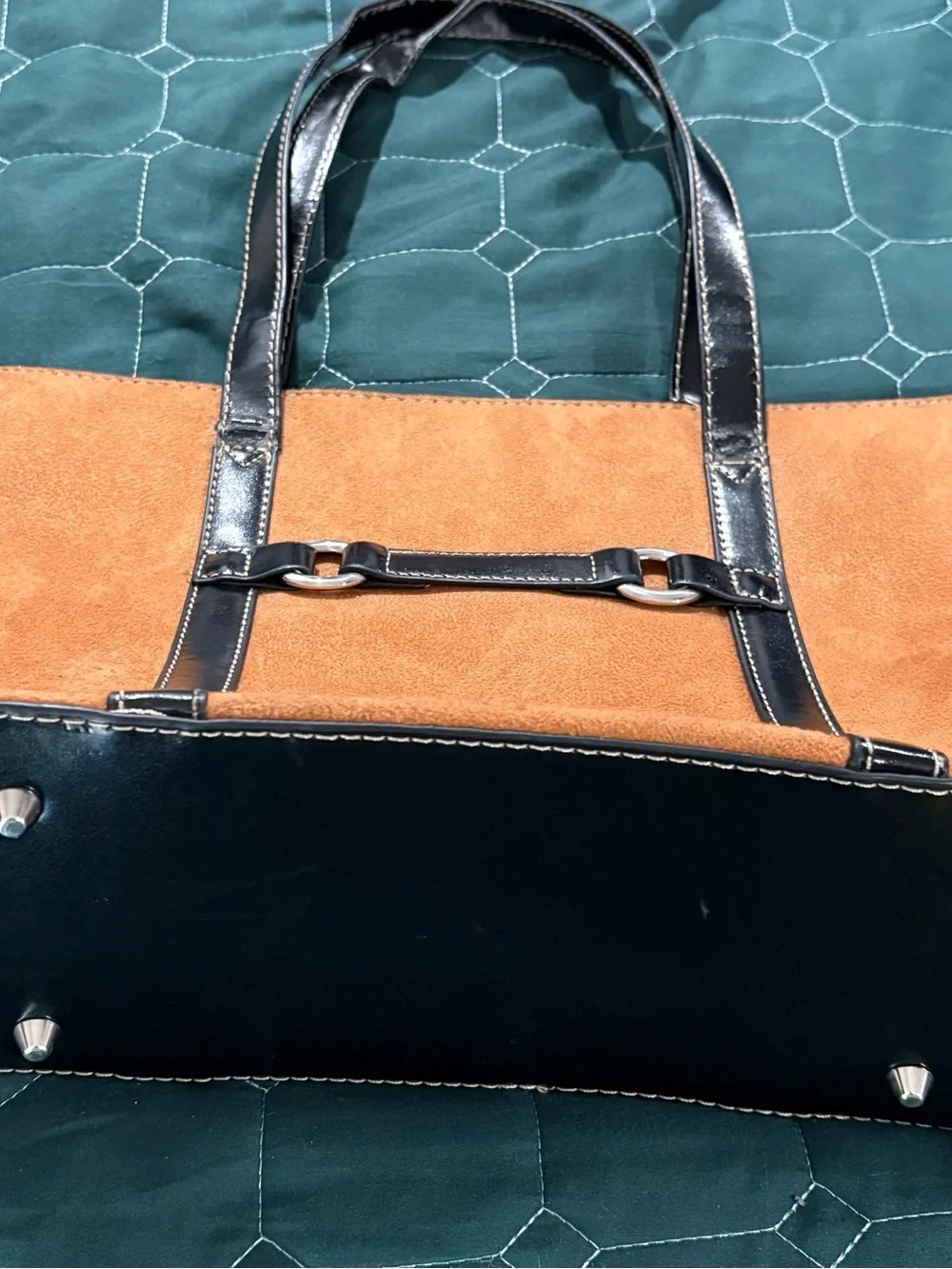 kate spade tan suede tote with black leather trim